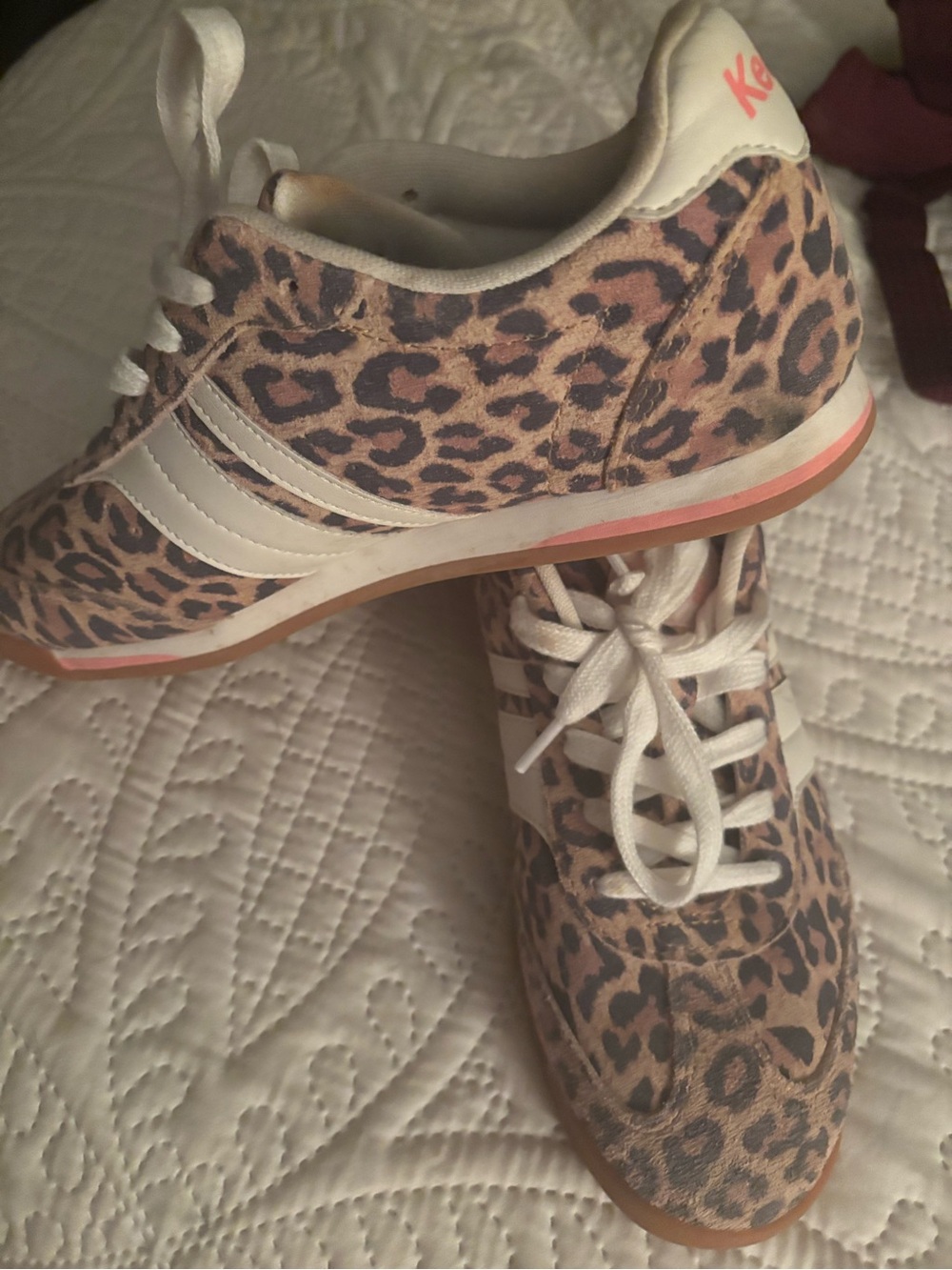Keds Leopard Print Sneakers with White Stripes and Coral Trim